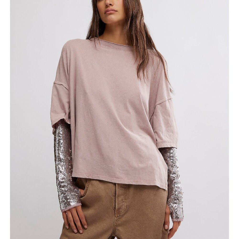Free People Pink Long Sleeve Tee with Silver Sequin Sleeves